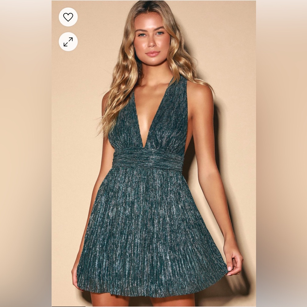 Lulus Ailey Gold and Teal Blue Skater Dress size xs